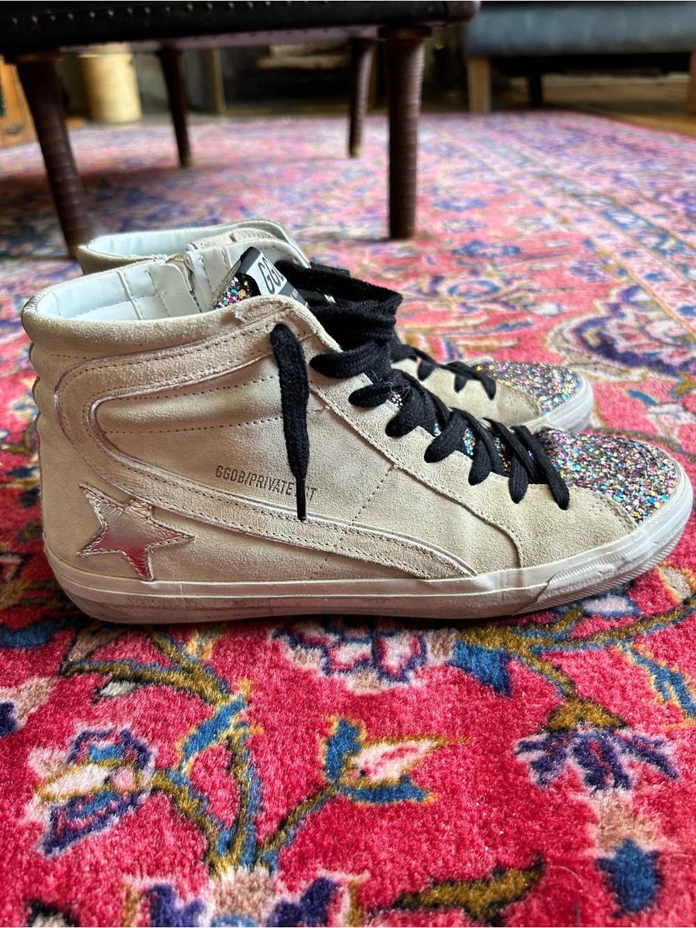 Golden Goose Beige Suede High-Top Sneakers with Multicolor Glitter Toecap